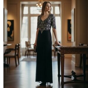 Night Vogue Vintage Black Silk Beaded Sequin Maxi Dress Art Deco Gown M Medium